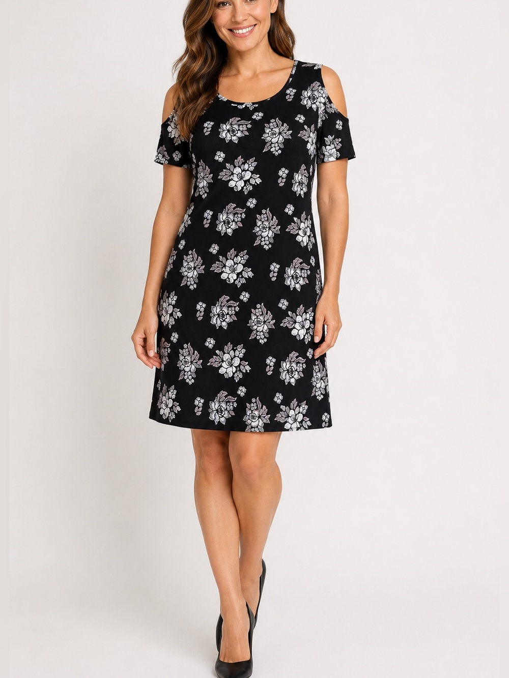 Chico's Sheath Dress Women 1 Black White Floral Cold Shoulder Jersey Casual